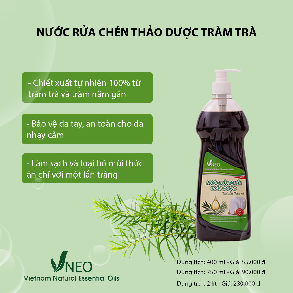 Nước rửa chén Thảo dược Tinh chất Tràm trà Vneo